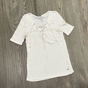 American Eagle Lace Up Crop Top Short Sleeve Soft Ribbed Knit Stretch Ivory S